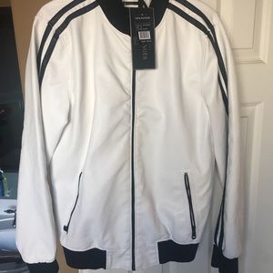 Fun White & Black striped leather bomber jacket!